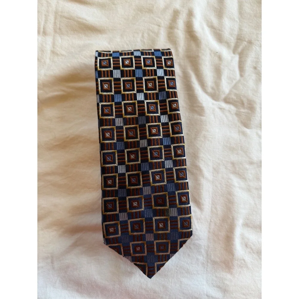 Paul Fredrick Mens Silk Tie‎ Blue Brown Gold Geometric Square Made in Italy 4x60